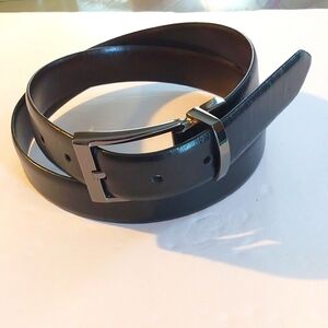 MENS Premium leather Black/Brown Reversible Belt Silver Buckle Dress Preppy M/L